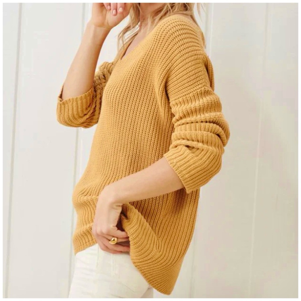 Jenni Kayne Mustard Yellow V-Neck Ribbed Sweater